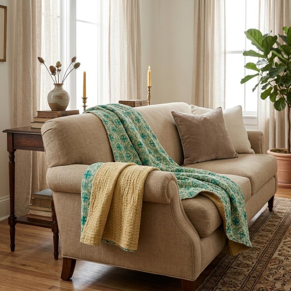 50" X 70" Green and Ivory Kantha Cotton Geometric Throw Blanket with Embroidery HomeRoots