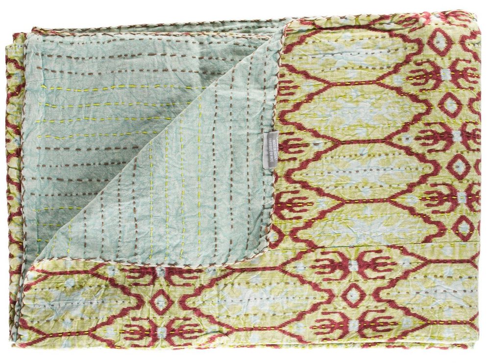 50" X 70" Red and Green Kantha Cotton Abstract Throw Blanket with Embroidery HomeRoots