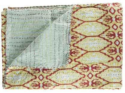 50" X 70" Red and Green Kantha Cotton Abstract Throw Blanket with Embroidery HomeRoots