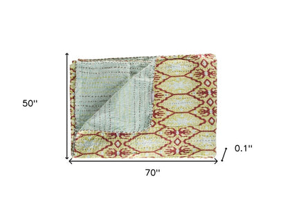 50" X 70" Red and Green Kantha Cotton Abstract Throw Blanket with Embroidery HomeRoots