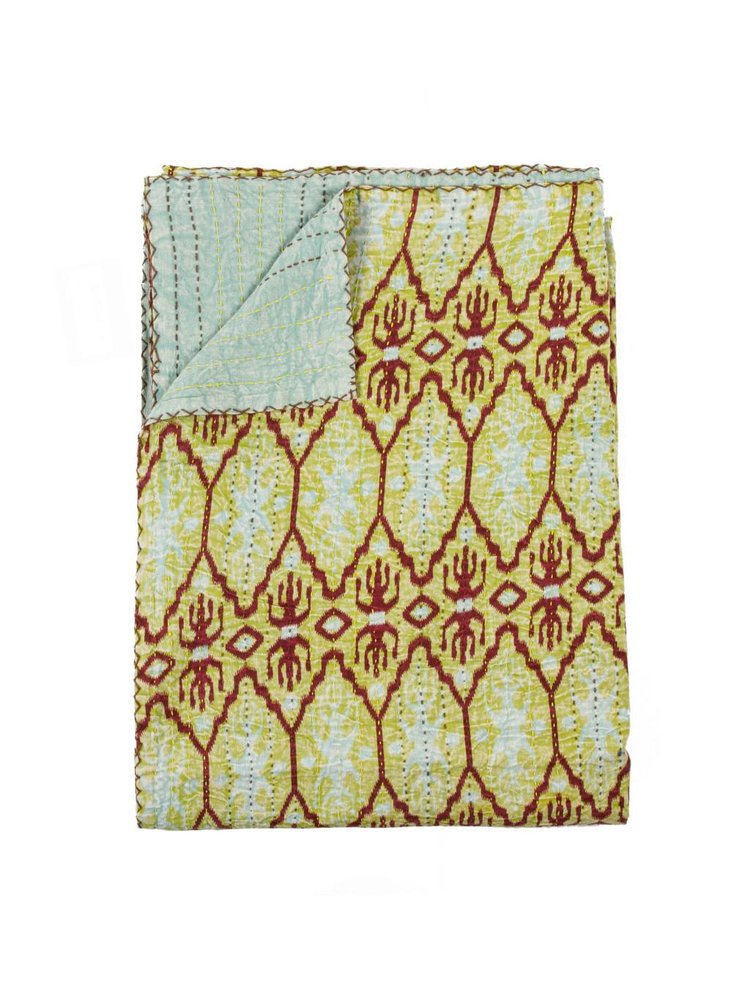 50" X 70" Red and Green Kantha Cotton Abstract Throw Blanket with Embroidery HomeRoots