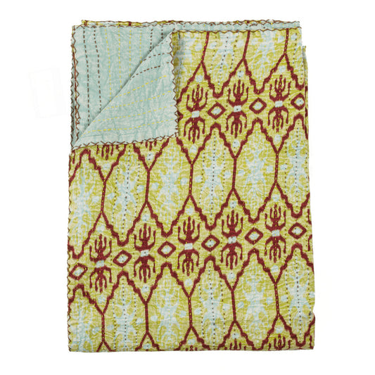 50" X 70" Red and Green Kantha Cotton Abstract Throw Blanket with Embroidery HomeRoots