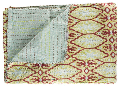 50" X 70" Red and Green Kantha Cotton Abstract Throw Blanket with Embroidery HomeRoots