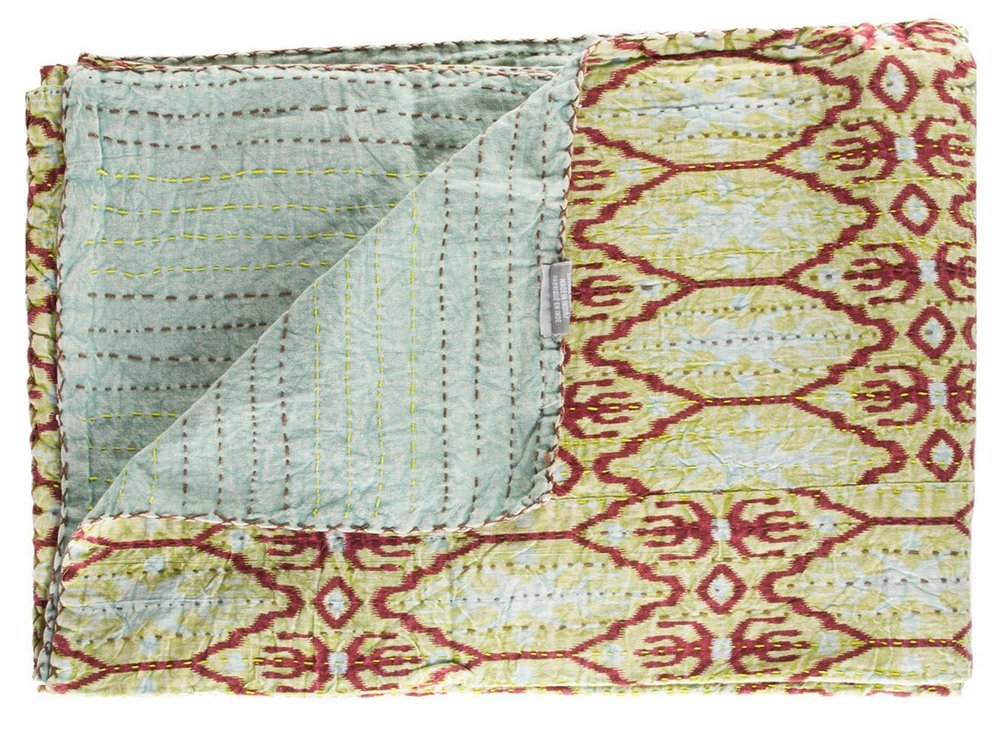 50" X 70" Red and Green Kantha Cotton Abstract Throw Blanket with Embroidery HomeRoots