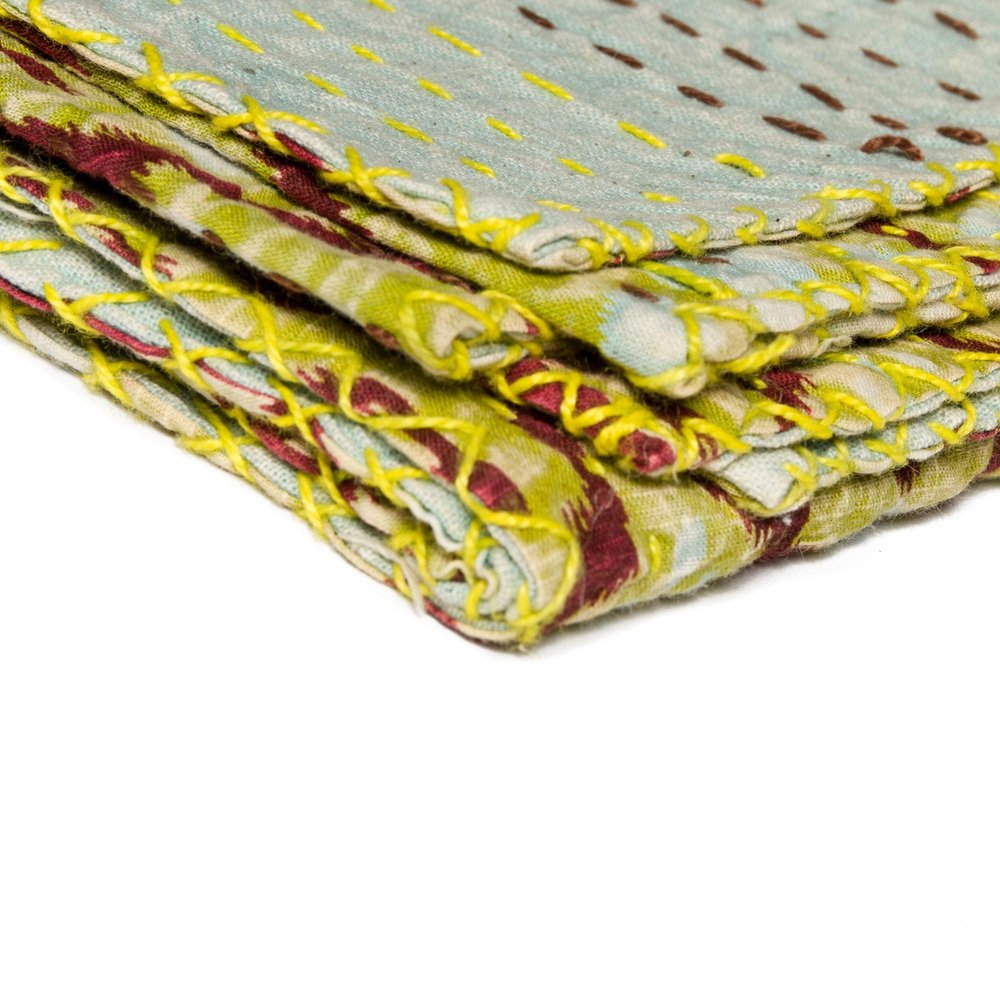 50" X 70" Red and Green Kantha Cotton Abstract Throw Blanket with Embroidery HomeRoots