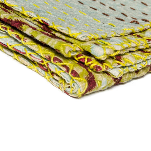 50" X 70" Red and Green Kantha Cotton Abstract Throw Blanket with Embroidery HomeRoots