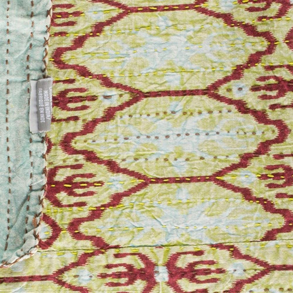 50" X 70" Red and Green Kantha Cotton Abstract Throw Blanket with Embroidery HomeRoots