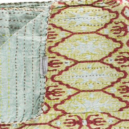 50" X 70" Red and Green Kantha Cotton Abstract Throw Blanket with Embroidery HomeRoots