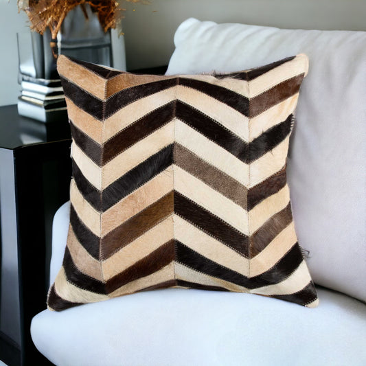 18" Brown Black and White Chevron Cowhide Throw Pillow