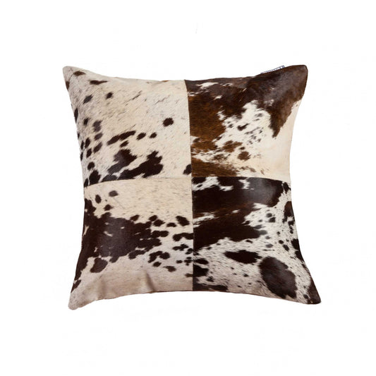 18" X 18" White and Brown Cowhide Pillow