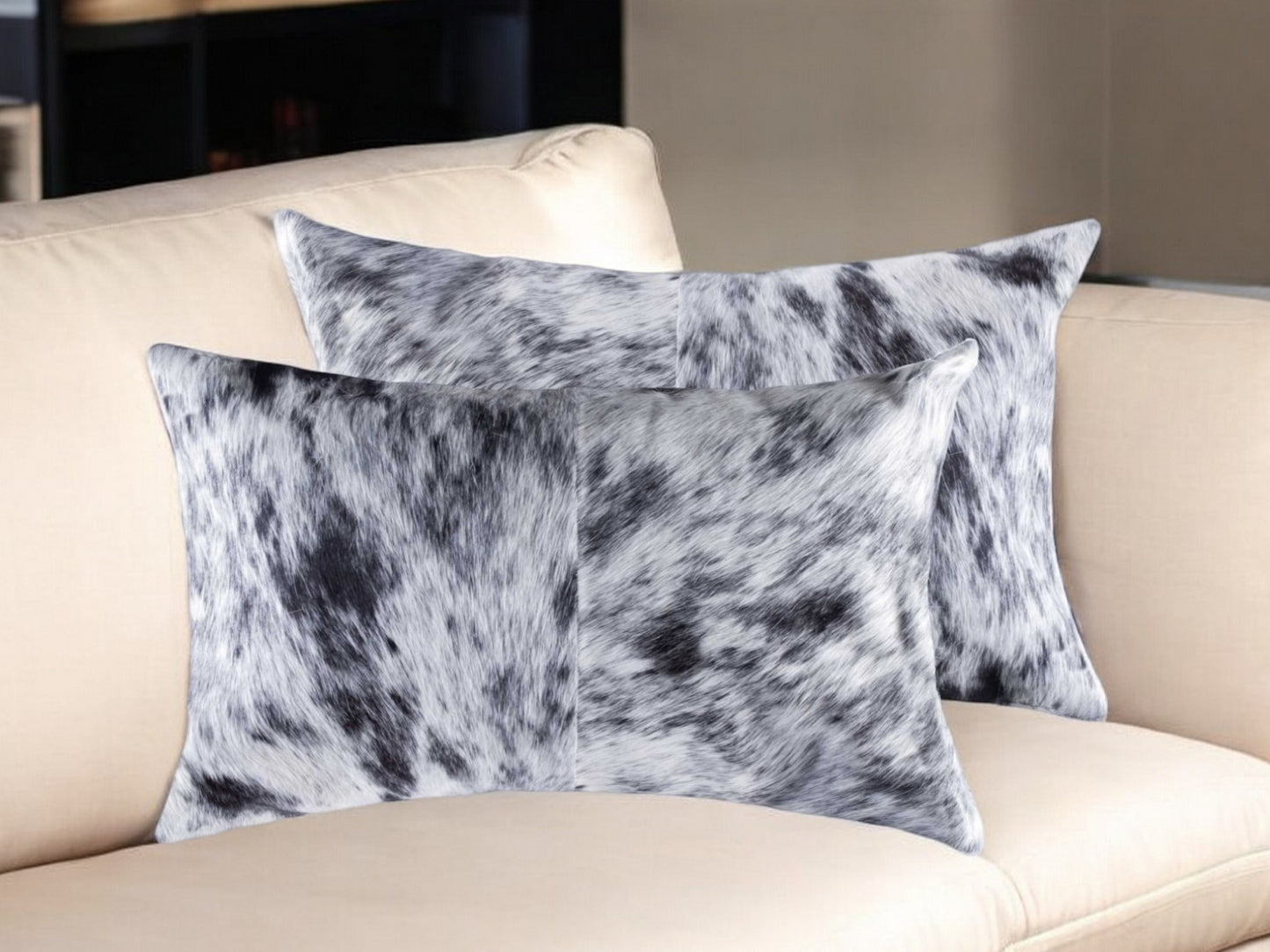 Set of Two 12" X 20" Black and White Cowhide Throw Pillow