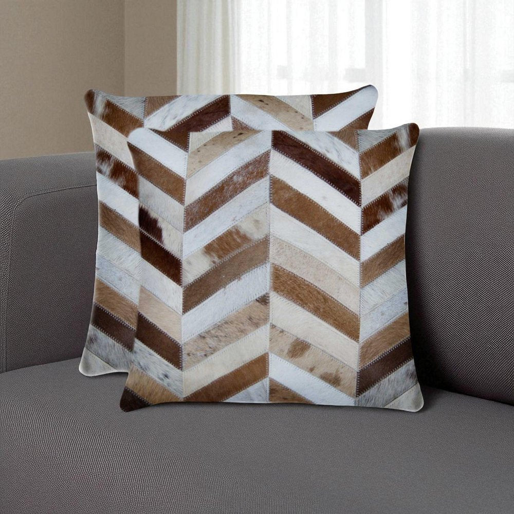 Set of Two Natural and Brown Chevron Cowhide Throw Pillows — view 6