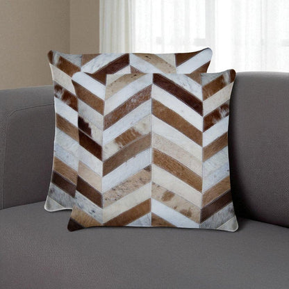 Set of Two Natural and Brown Chevron Cowhide Throw Pillows HomeRoots