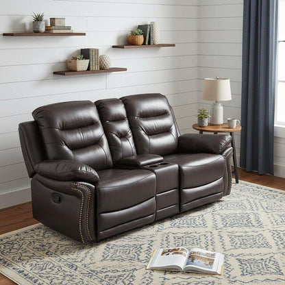 75" Brown Faux Leather Manual Reclining Love Seat With Storage HomeRoots