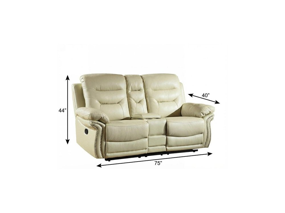 75" Beige Faux Leather Manual Reclining Love Seat With Storage HomeRoots