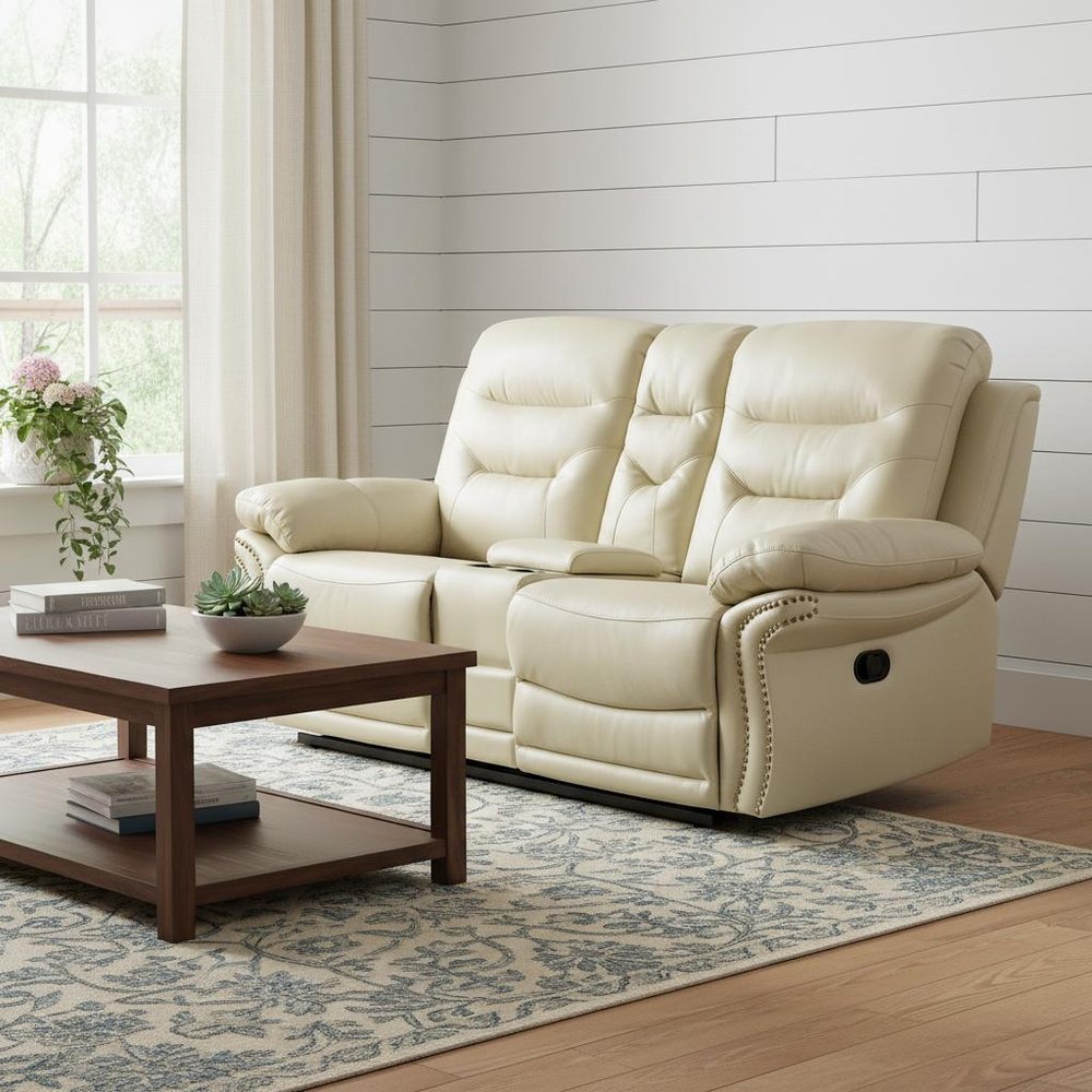 75" Beige Faux Leather Manual Reclining Love Seat With Storage HomeRoots