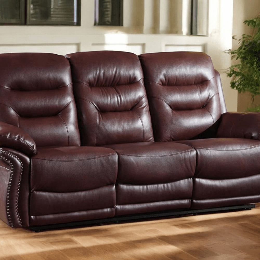90" Burgundy Faux Leather Reclining Sofa With Black Legs HomeRoots