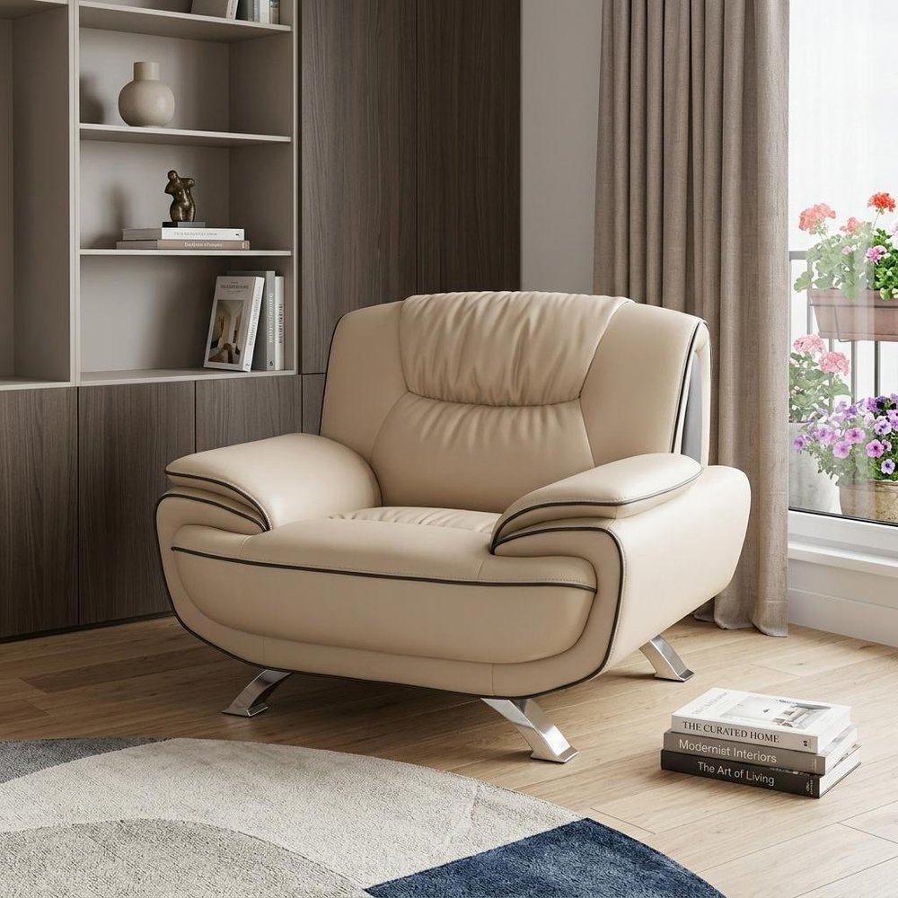 47" Beige And Silver Leather Match Club Chair HomeRoots