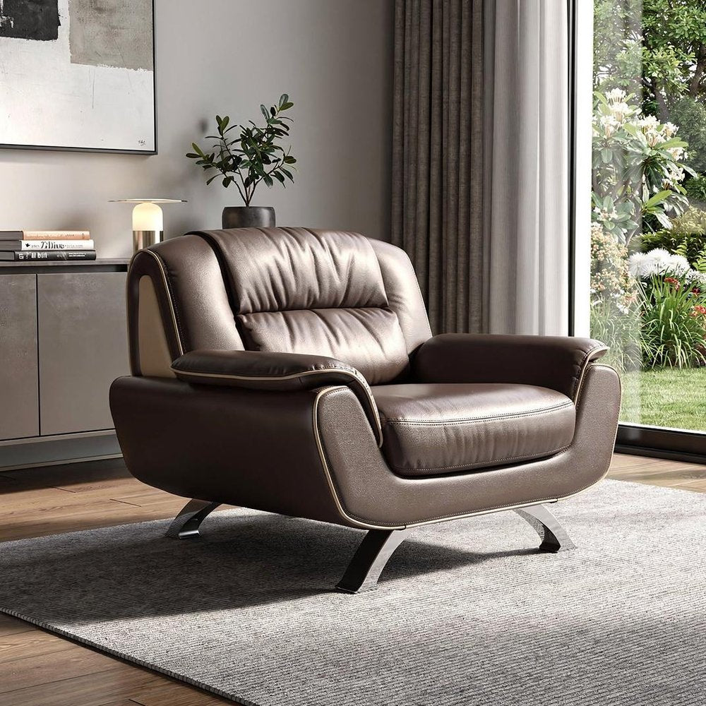47" Brown And Silver Leather Match Club Chair HomeRoots