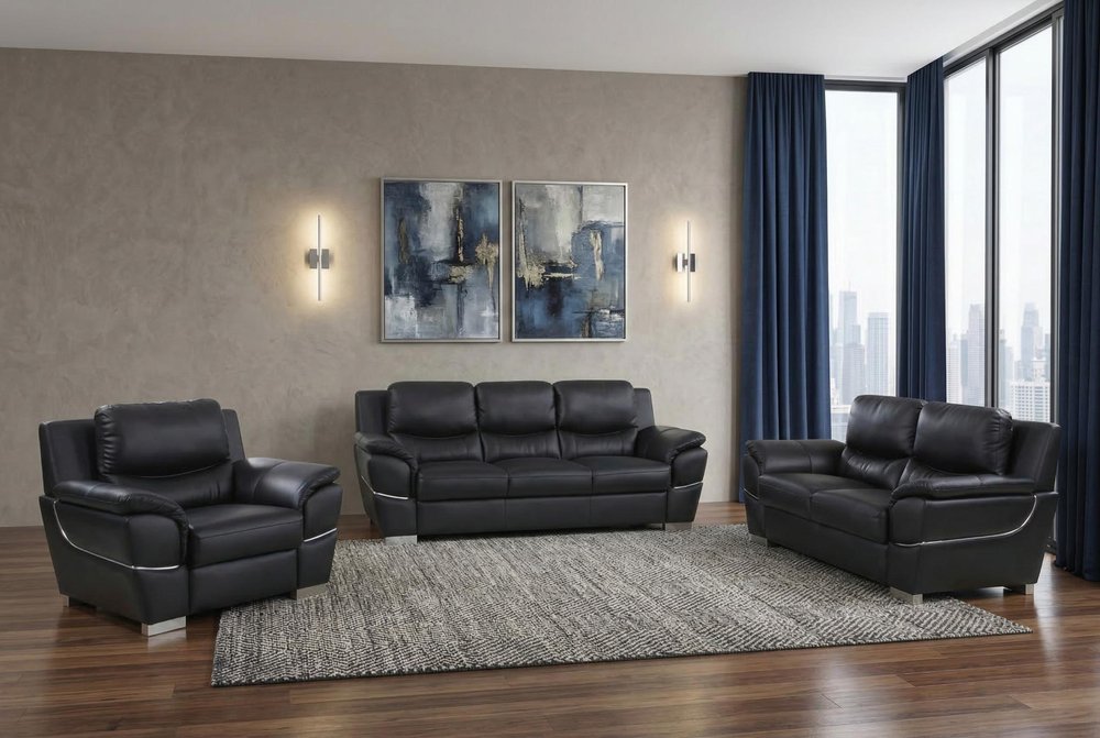 Three Piece Indoor Black Genuine Leather Six Person Seating Set HomeRoots