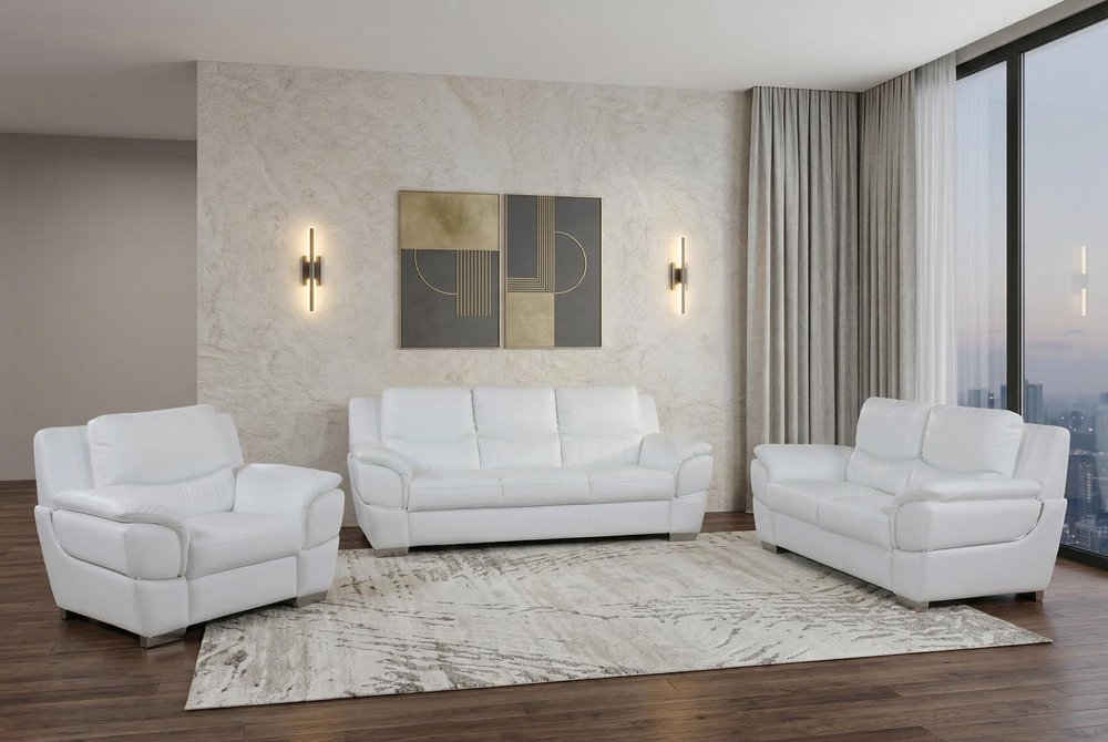 Three Piece Indoor White Genuine Leather Six Person Seating Set HomeRoots