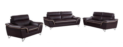 86" Brown And Silver Leather Sofa - FurniFindUSA