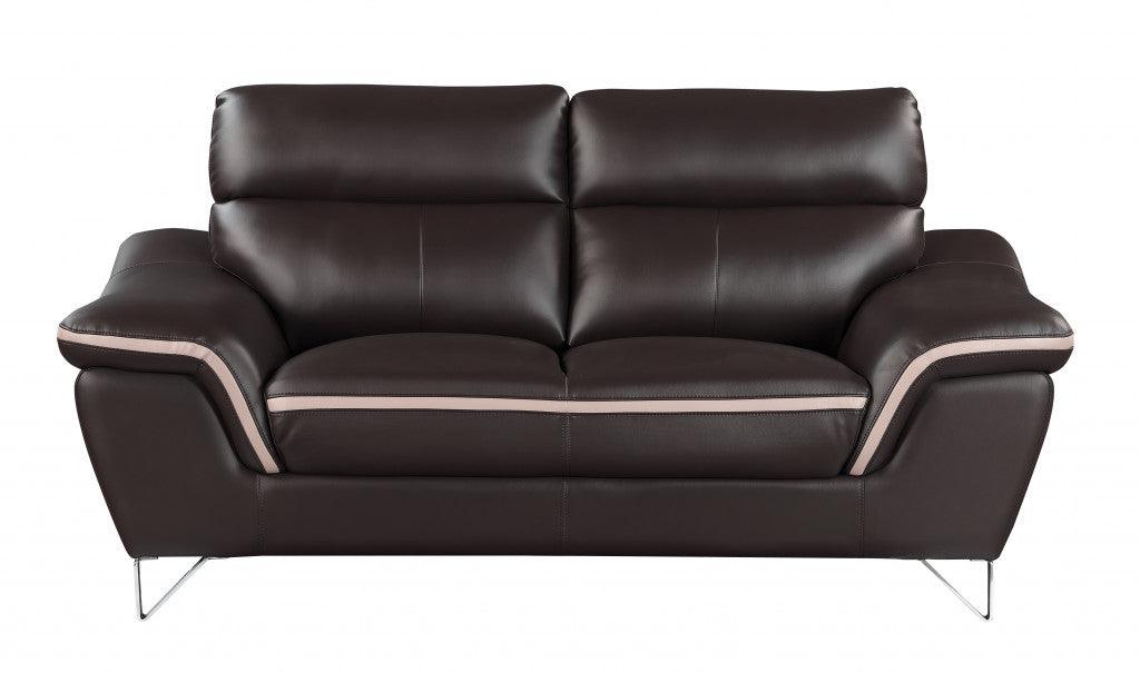 86" Brown And Silver Leather Sofa - FurniFindUSA