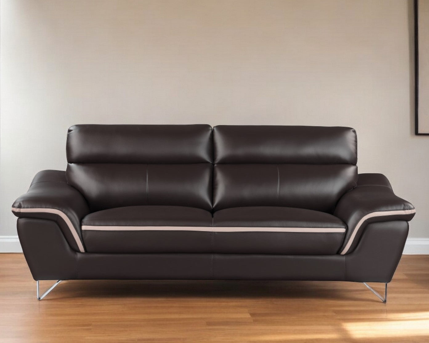 86" Brown Leather Sofa With Silver Legs