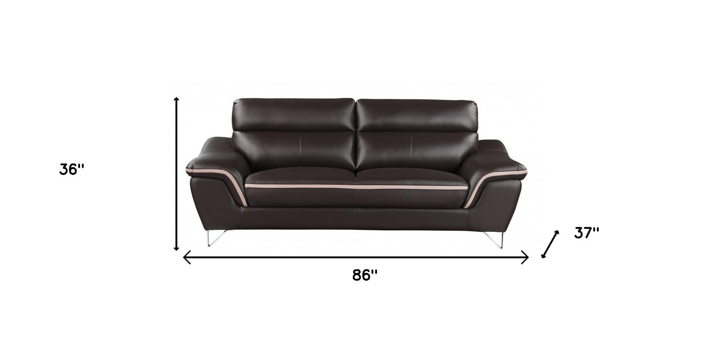 86" Brown Leather Sofa With Silver Legs