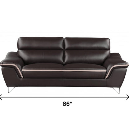 86" Brown Leather Sofa With Silver Legs HomeRoots