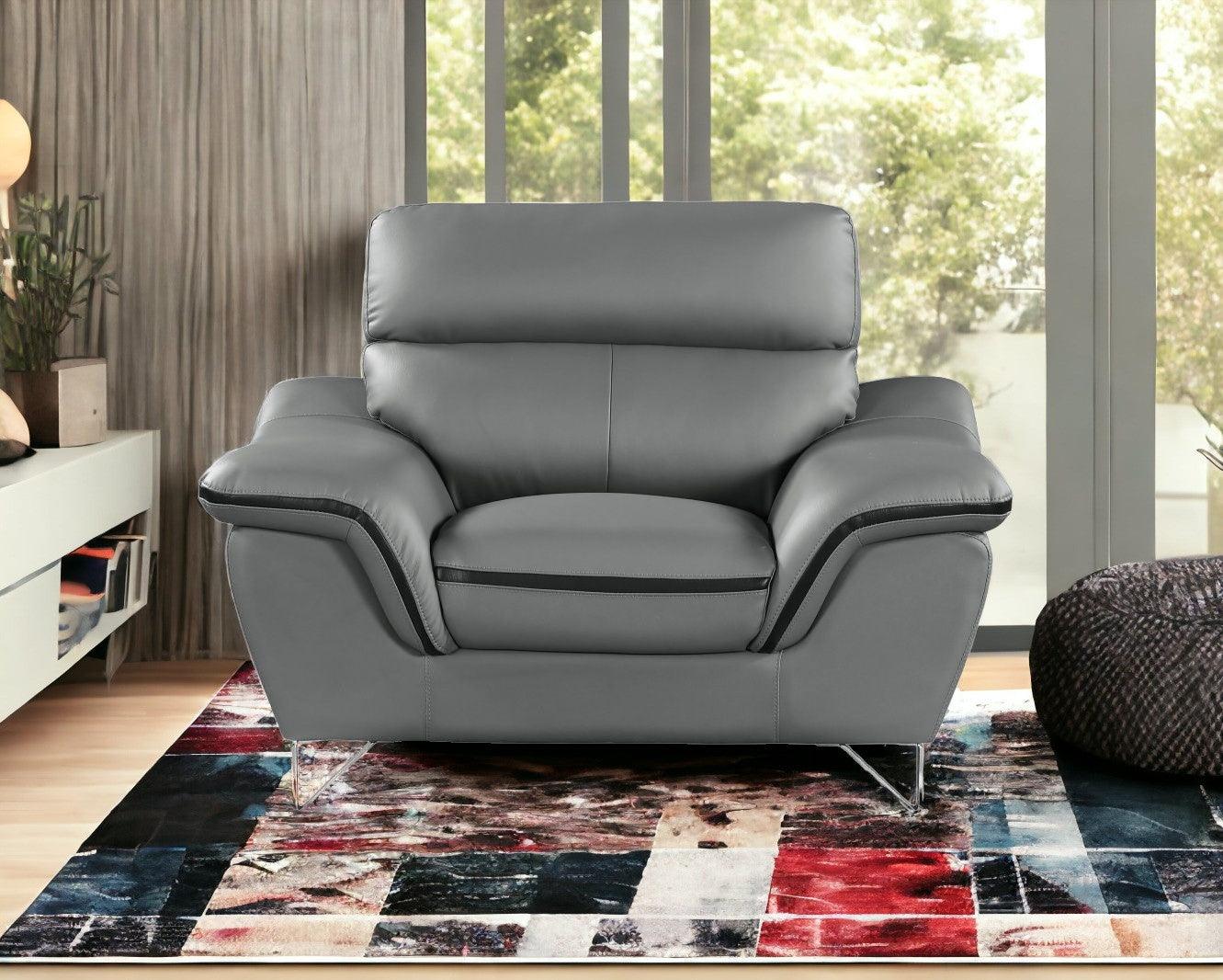 Three Piece Indoor Gray Genuine Leather Six Person Seating Set - FurniFindUSA
