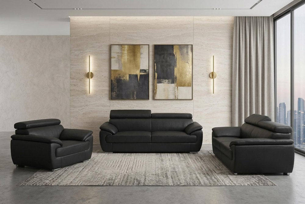Three Piece Indoor Black Genuine Leather Six Person Seating Set HomeRoots