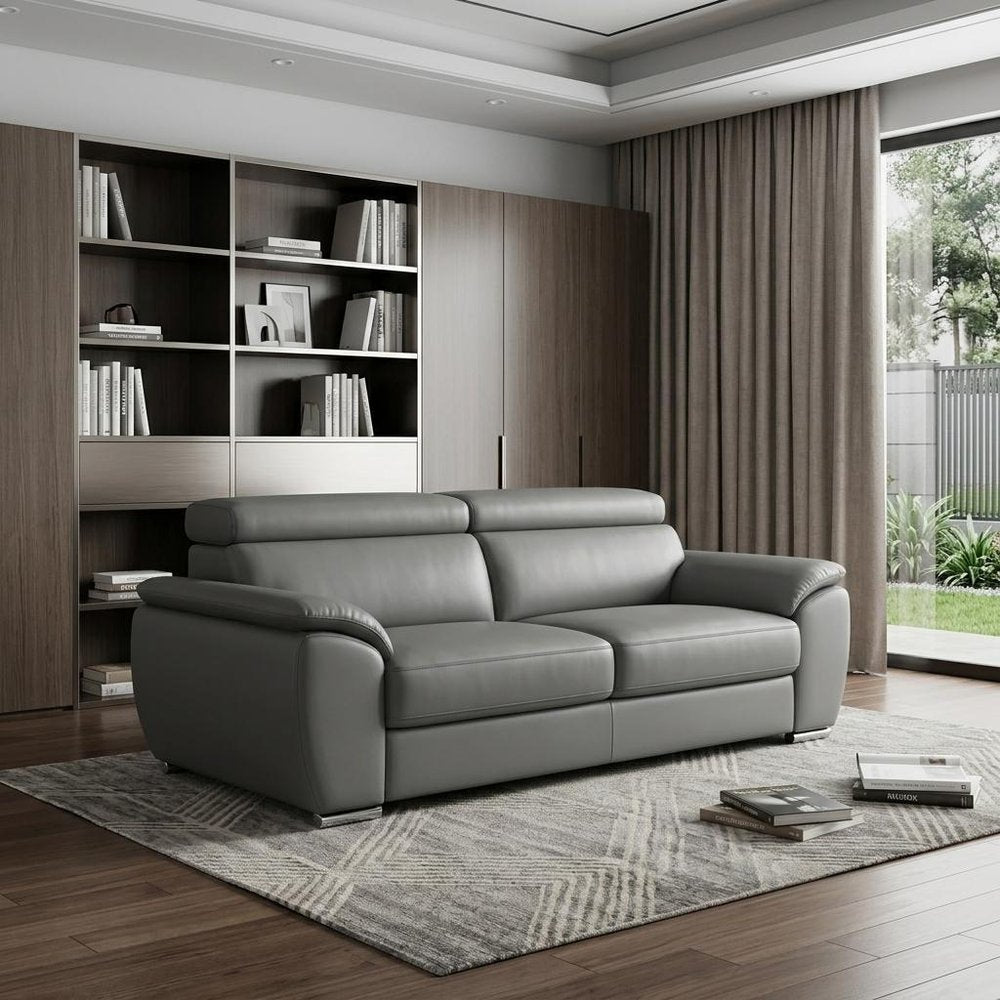 86" Gray Leather Sofa With Silver Legs HomeRoots