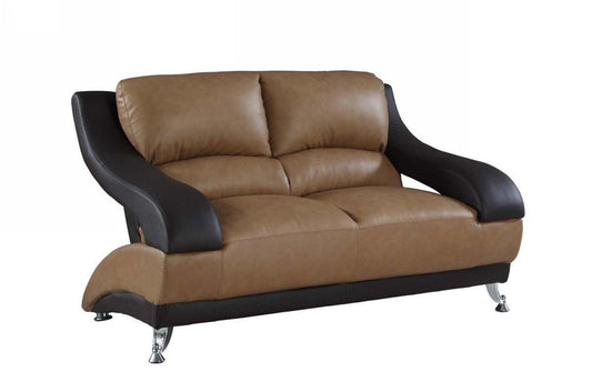 62" Brown And Silver Faux Leather Love Seat - FurniFindUSA