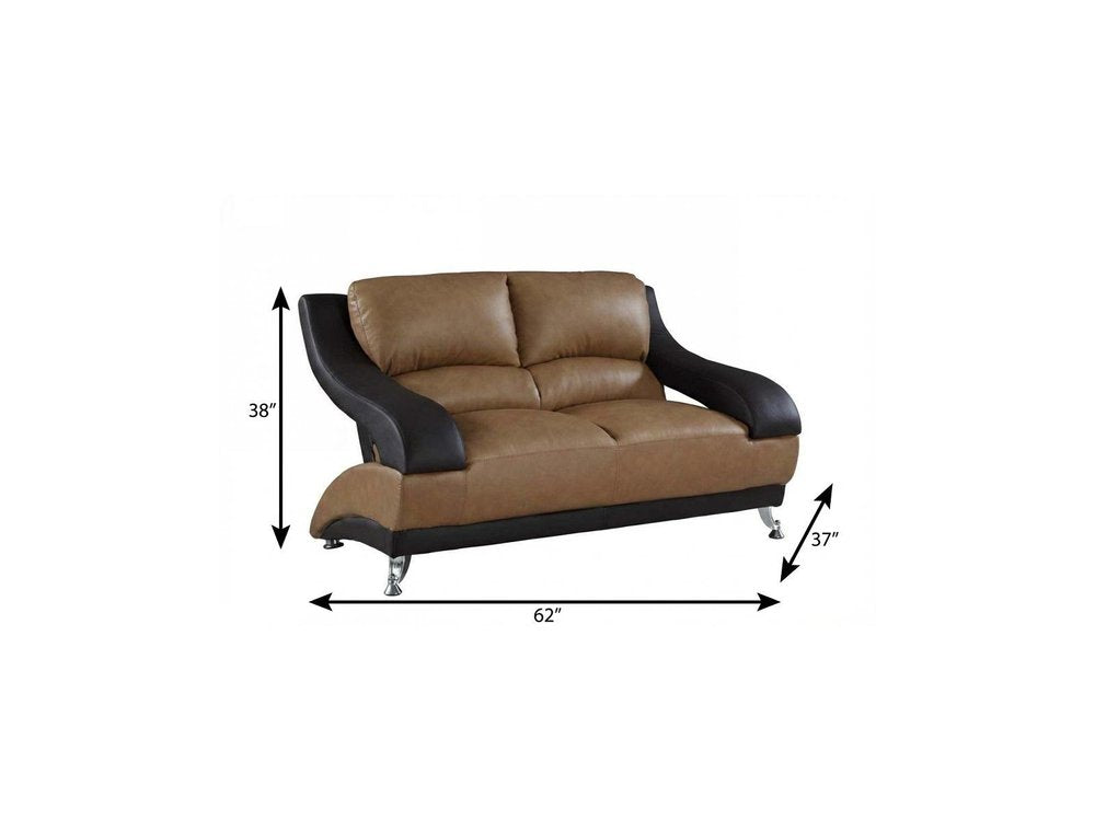 62" Brown and Black And Silver Faux Leather Loveseat HomeRoots