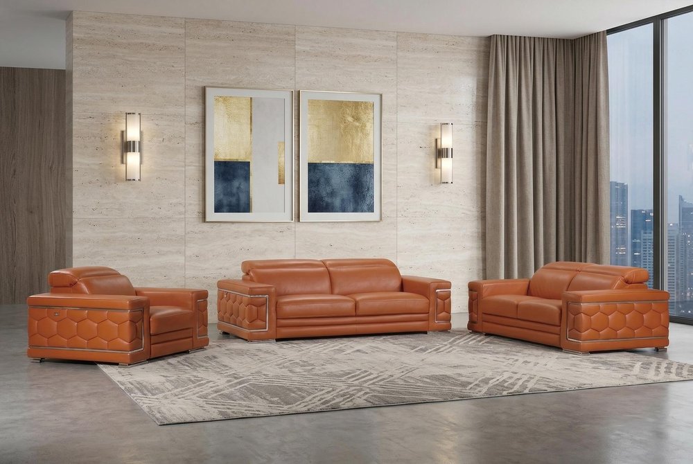 Three Piece Indoor Camel Italian Leather Six Person Seating Set HomeRoots