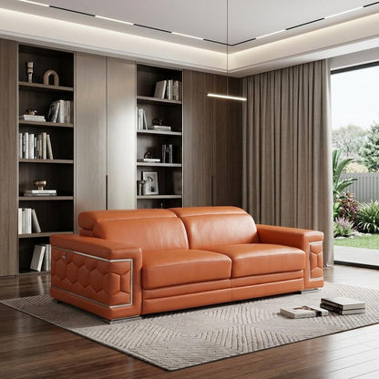 89" Camel Italian Leather Sofa With Silver Legs HomeRoots