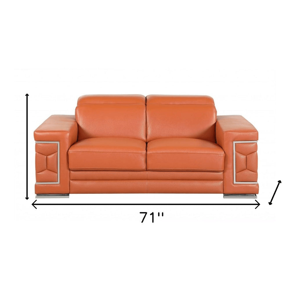 71" Camel And Silver Genuine Leather Love Seat HomeRoots