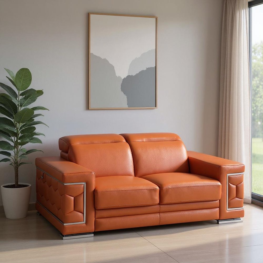 71" Camel And Silver Genuine Leather Love Seat HomeRoots