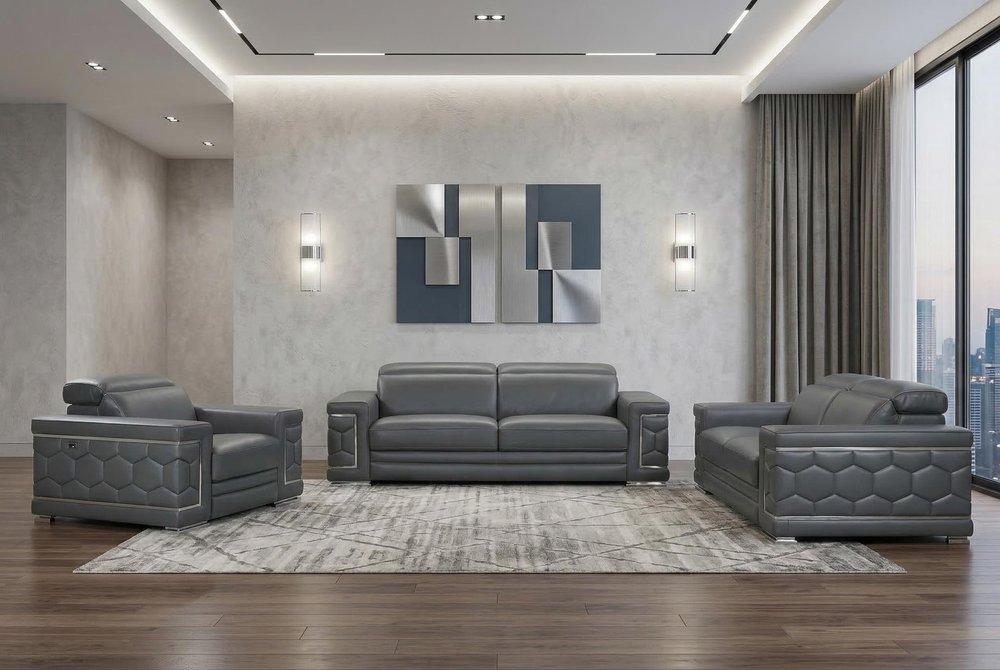 Three Piece Indoor Dark Gray Italian Leather Six Person Seating Set HomeRoots