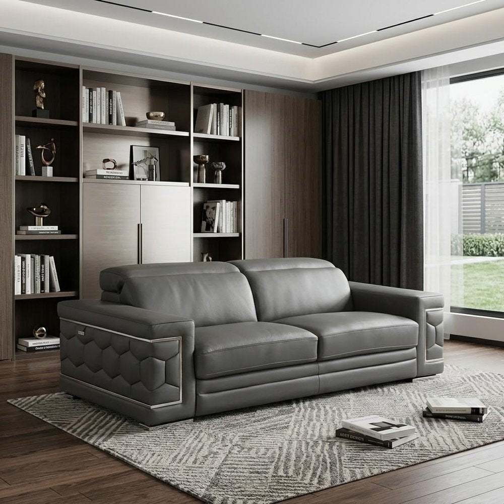 89" Dark Gray Italian Leather Sofa With Silver Legs HomeRoots