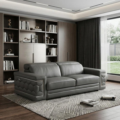89" Dark Gray Italian Leather Sofa With Silver Legs HomeRoots
