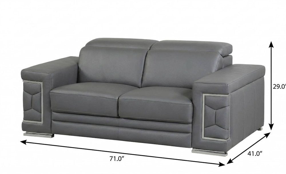 71" Gray And Silver Genuine Leather Love Seat HomeRoots