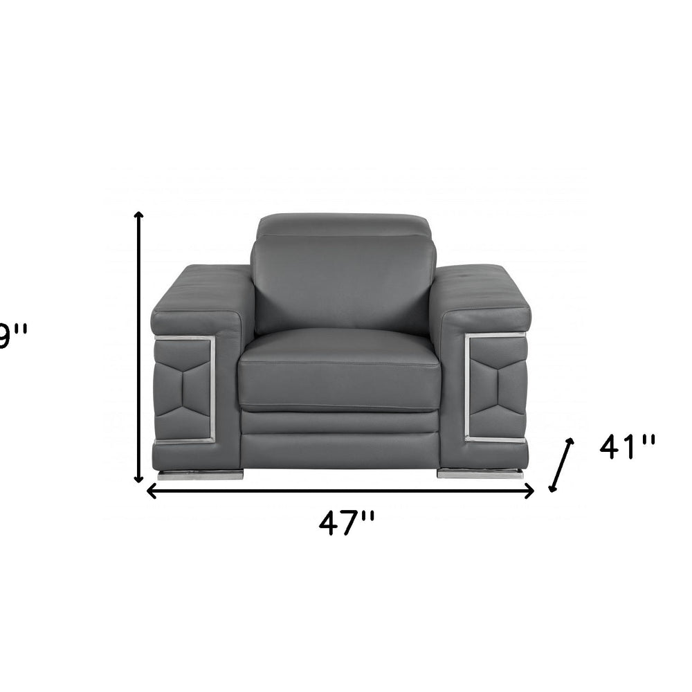 47" Dark Gray And Silver Genuine Leather Arm Chair HomeRoots