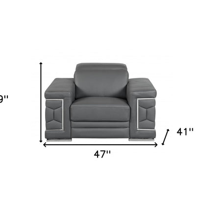 47" Dark Gray And Silver Genuine Leather Arm Chair HomeRoots