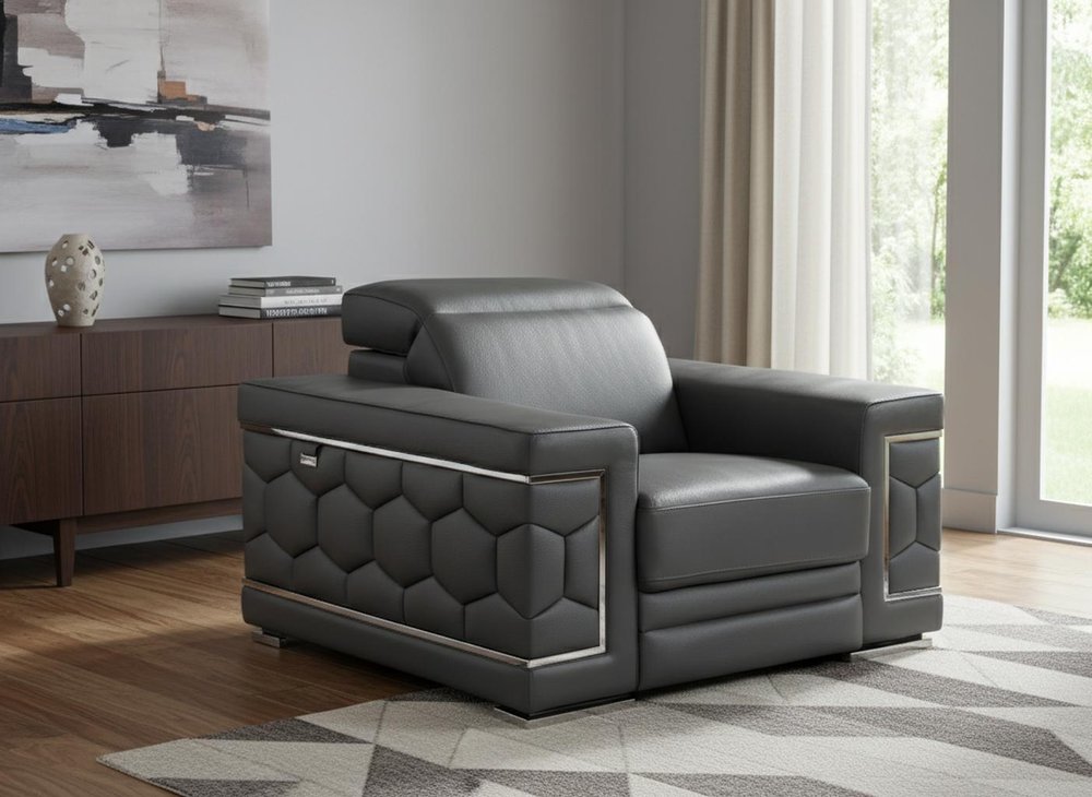 47" Dark Gray And Silver Genuine Leather Arm Chair HomeRoots
