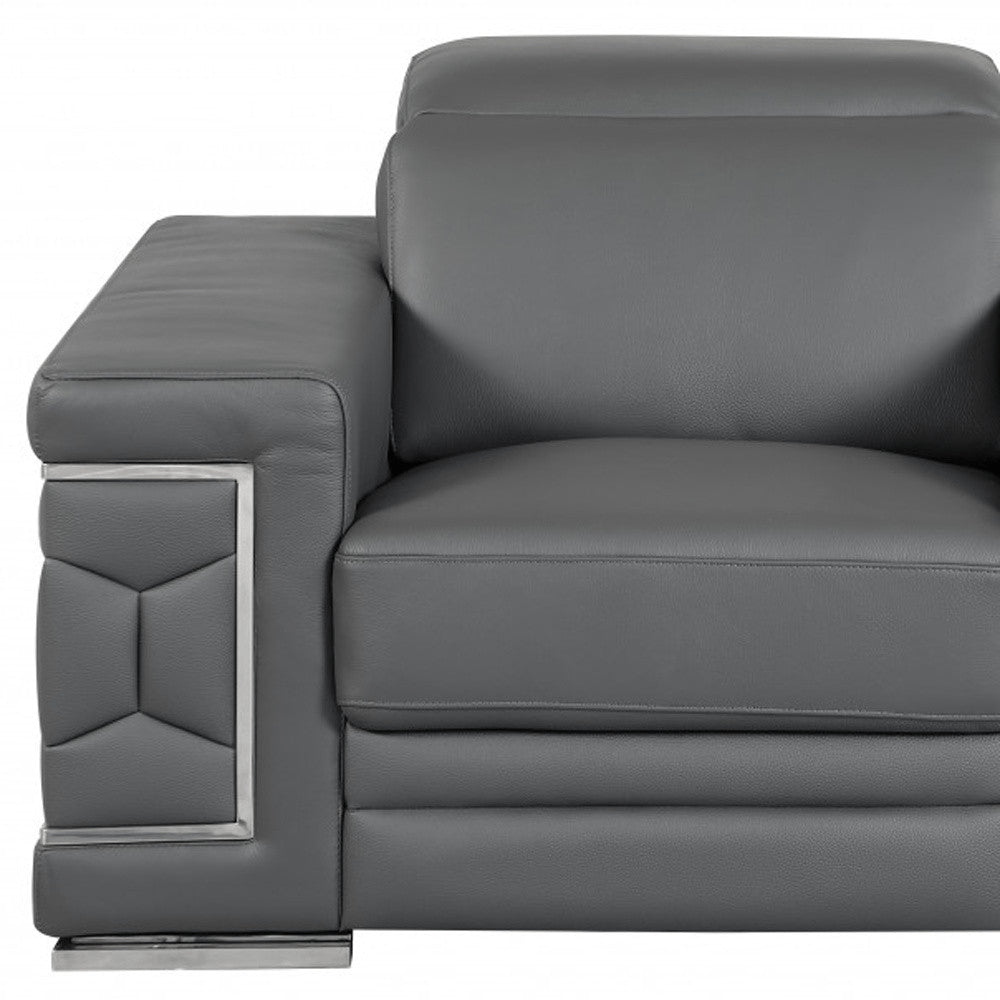 47" Dark Gray And Silver Genuine Leather Arm Chair HomeRoots