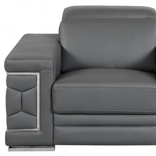 47" Dark Gray And Silver Genuine Leather Arm Chair HomeRoots