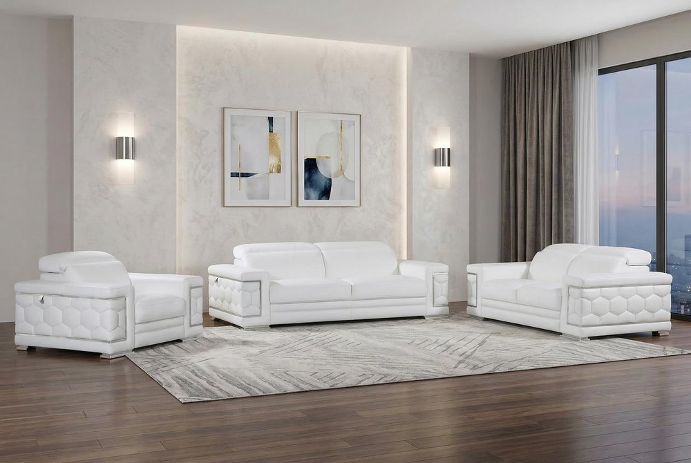 Three Piece Indoor White Italian Leather Six Person Seating Set HomeRoots
