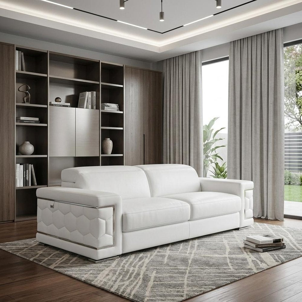 89" White Italian Leather Sofa With Silver Legs HomeRoots
